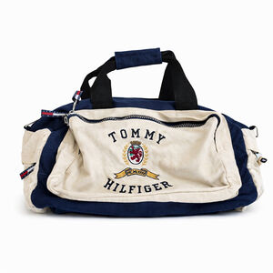 Vintage Tommy Hilfiger Canvas Duffle Bag Navy Cream Crest Logo Gym Bag Y2K